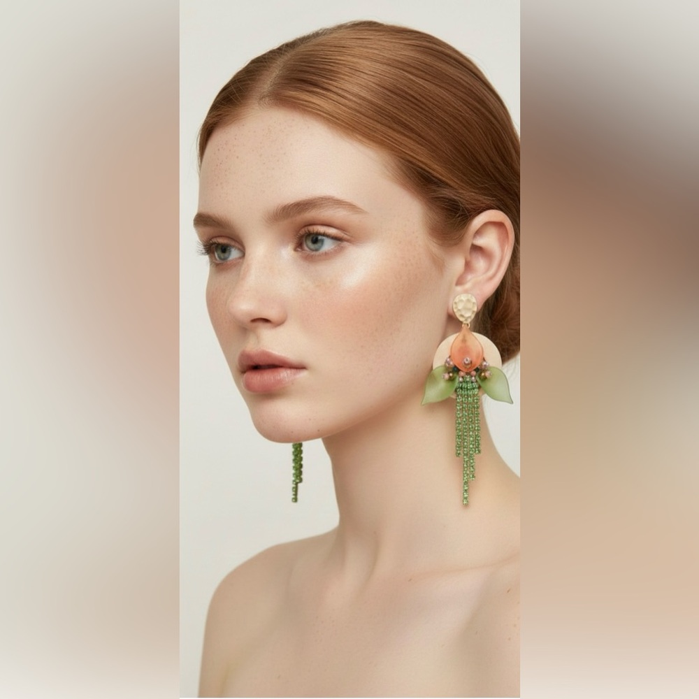 Artisan Floral Earrings with Wood Pendant